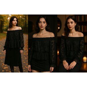 SHEIN Women Black Off-Shoulder Blouse L – Whimsygoth Coquette Academia Fall Top